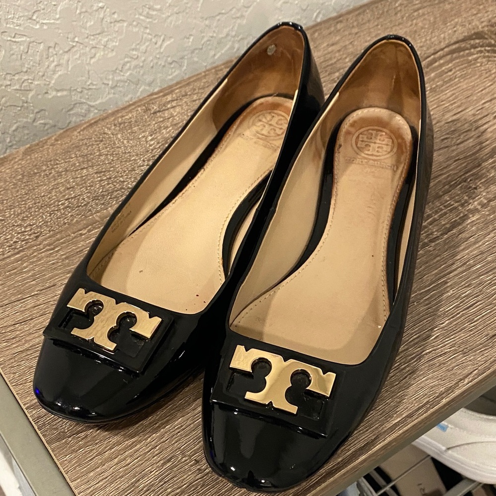 Tory Burch Black Patent Flats with Gold Logo